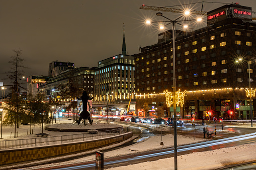Stockholm, Sweden Dec 9, 2023 A view of the downtown district and traffic along the waterfront at night.