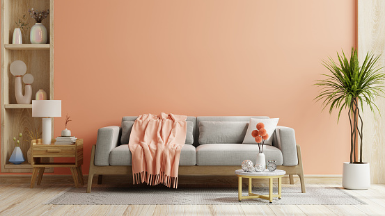 Salón en tendencia color melocotón fuzz 2024 año.sofá gris con pared de pintura color melocotón photo