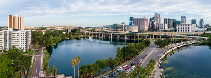 Wide panoramic view of Downtown Orlando over the huge transport junction with highways, and multiple overpasses. Extra-large, high-resolution stitched panorama.