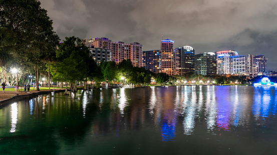 Aerial view of Downtown Orlando over Lake Eola, Orlando, Florida, in the night.