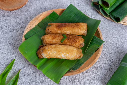 Serabi Solo. Traditional food from Indonesia made from rice flour. Served in roll form. With many kinds of flavors, original, chocolate, banana, cheese.