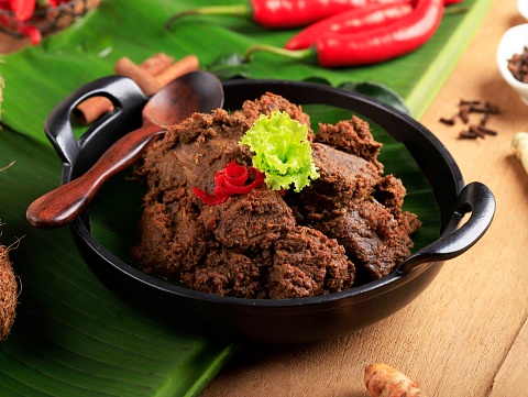 Selected Focus Rendang or Randang is The Most Delicious Food in the World. Made from Beef Stew and Coconut Milk with Various Herbs and Sice. Typically food from Minang Tribe, West Sumatera, Indonesia