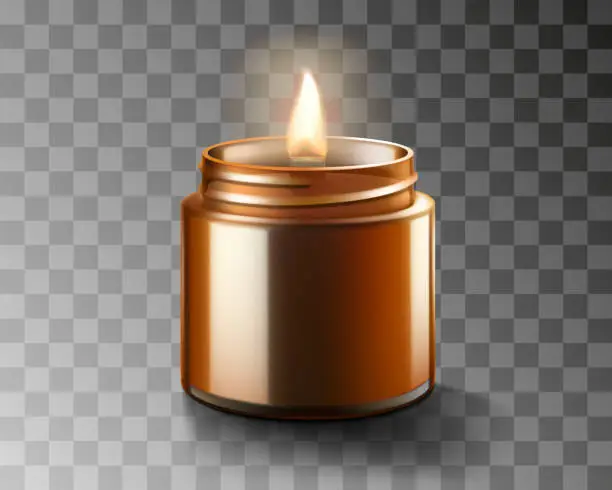 Vector illustration of Burning Perfumed Soy and coconut wax candle in brown glass jar isolated on transparent background. Calming candle. Natural essential candle in a Amber jar. Aromatherapy and relax. Realistic 3d vector