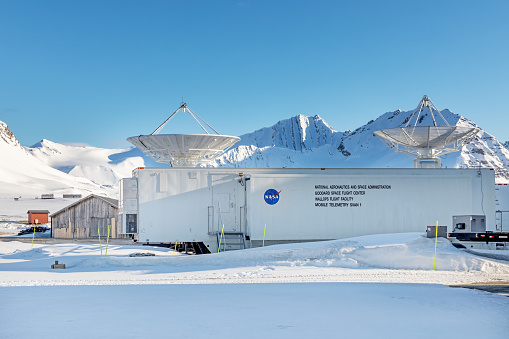 Ny-Alesund, Svalbard - 25 May 2019: The Nasa research and satellite station, SvalSat, in Ny Alesund, Svalbard. Part of the NASA Space Science and Astrobiology Division