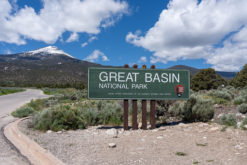 The entrance sign of Great Basin National Park in Nevada, United States - June 4, 2023. Great Basin National Park is in eastern Nevada near the Utah border.