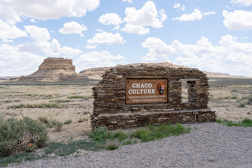 The entrance sign of Chaco Culture National Historical Park in New Mexico, USA, May 23, 2023. The Park hosts a concentration of pueblos.