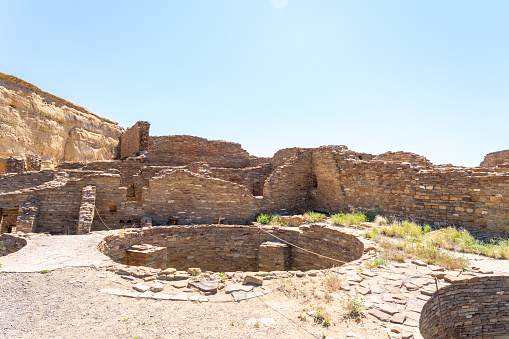 Ancient ruins at Pueblo Bonito in Chaco Culture National Historical Park, New Mexico, USA. Pueblo Bonito is the largest great house in Chaco Culture National Historical Park.