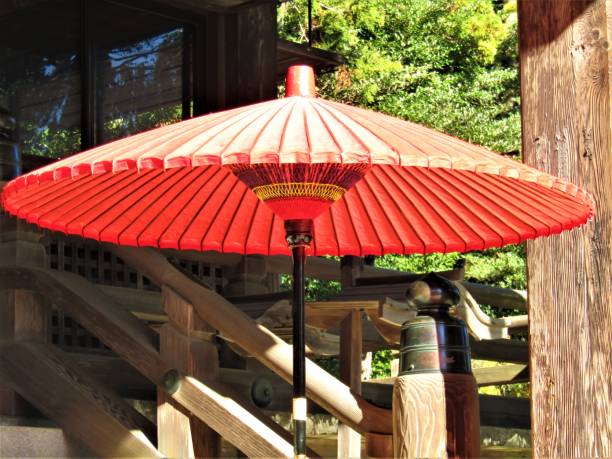 Red Translucent Umbrella Detail - Looking up at spokes of umbrella with vibrant red color and details.