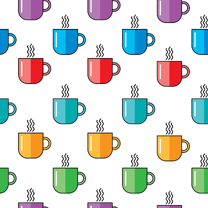 Vector illustration of colorful coffee cups on a square white background.