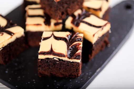 Selected Focus Homemade Cream Cheese Brownies with Beatiful Swirl Motifs on Top