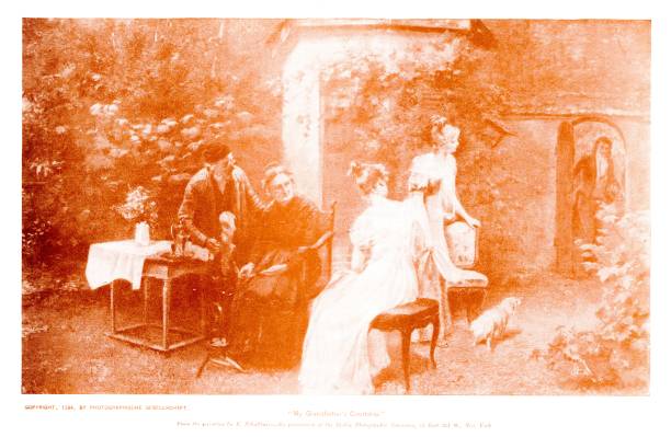 A young man enters a courtyard to meet a young lady's family. Engravings published in 1895. Original edition is from my own archives. Copyright has expired and is in Public Domain.