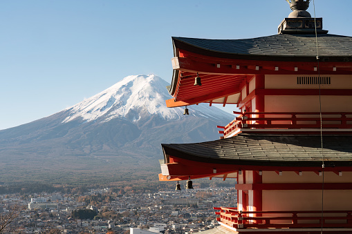 Shimoyoshida, Japan - Nov 27, 2023 Autumn in Japan. Chureito pagoda in Fujiyoshida with mount Fuji