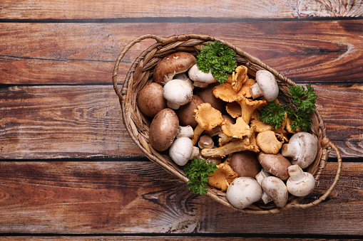 Basket with different mushrooms on wooden table, top view. Space for text