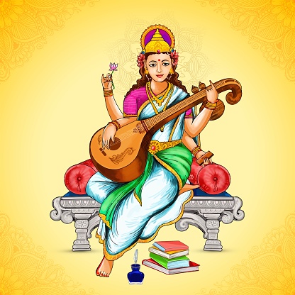 Indian god saraswati maa on vasant panchami religious card design