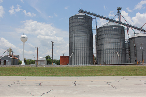 Granger, TX - June 7, 2023: Large Grain Silos Located in Downtown Granger TX near Railroad Tracks