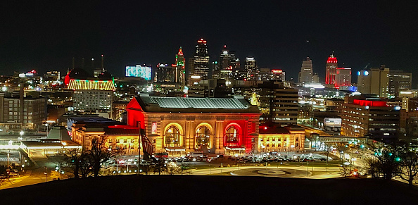 Historic Union Station in downtown Kansas City seen  during the Christmas holiday week. Holiday lights lit up all around the Kansas City area on a December night.