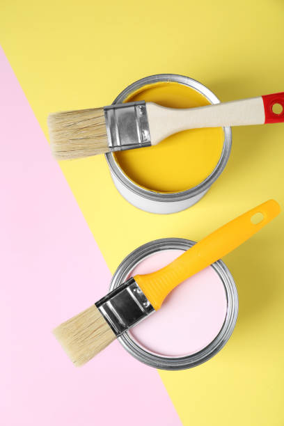 istock Cans of different paints with brushes on color background, flat lay 1901093249