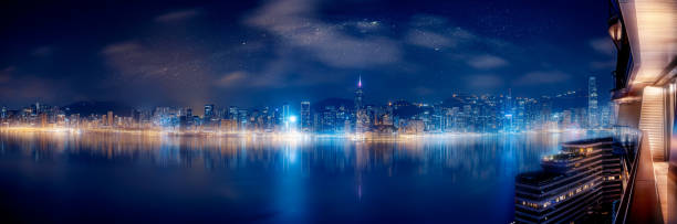 Beautiful full view of Hong Kong Victoria Harbor at night stock photo