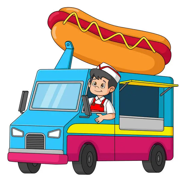 Vector illustration of Young man driving Hot Dog Food Truck