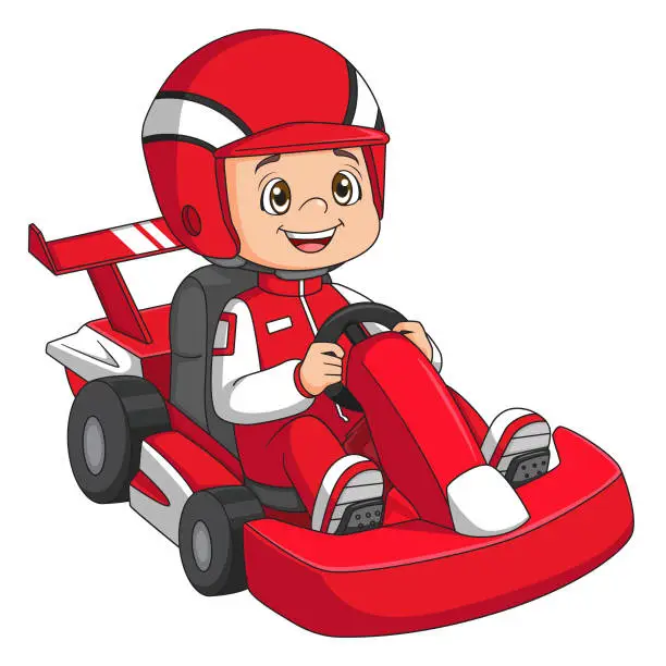 Vector illustration of Cartoon little boy driving racing car