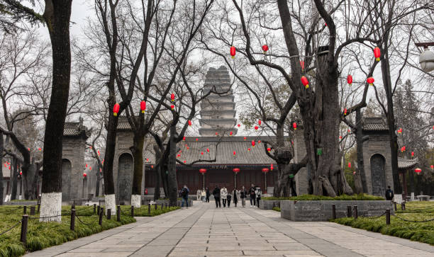 Small Wild Goose Pagoda temple complex decorated with lanterns during Chinese New Year