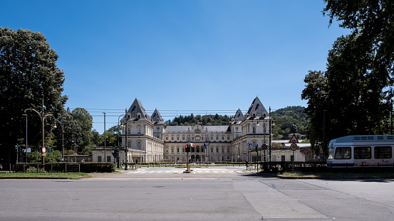 View of the Valentino Castle, a historic building in the northwestern Italian city of Turin, located in Parco del Valentino, seat of the Architecture Faculty of the Polytechnic University of Turin