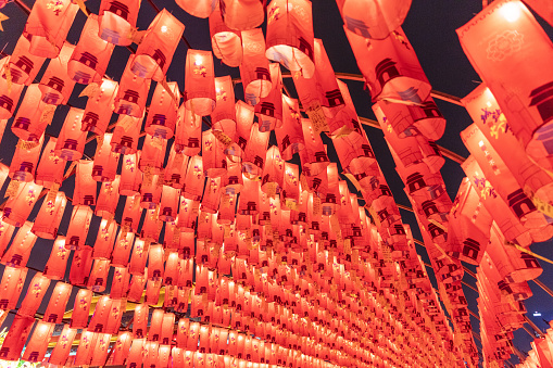 China's 2023 Lunar New Year, blessing lanterns hanging on the wall of the ancient city of Xi'an