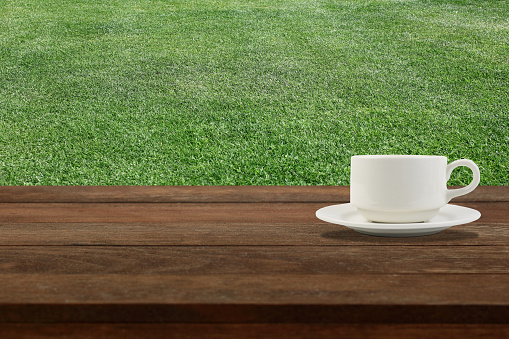 Coffee cup against meadow