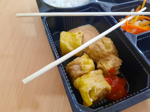 Delicious Bento Box With Salad, Ekkado And Egg Chicken Roll. Food Menu.