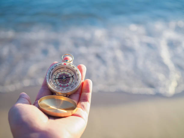 istock Close up hand holding compass with beach background 1901233650