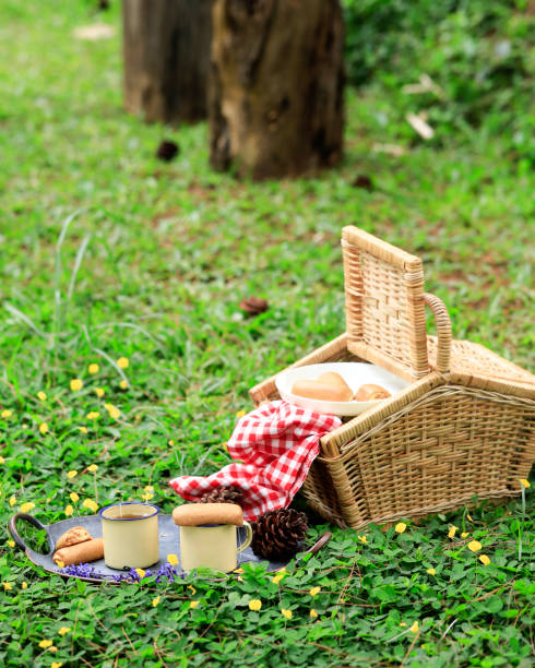 istock Picnic Basket with Fruit and Bakery on Old Rustic Wooden Table with Green Scenery 1901248424
