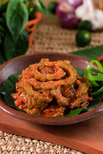 Selected Focus Tumis Pare Pedas  or Spicy Stir-Fried Bitter Gourd, Typical Indonesian Homemade Food