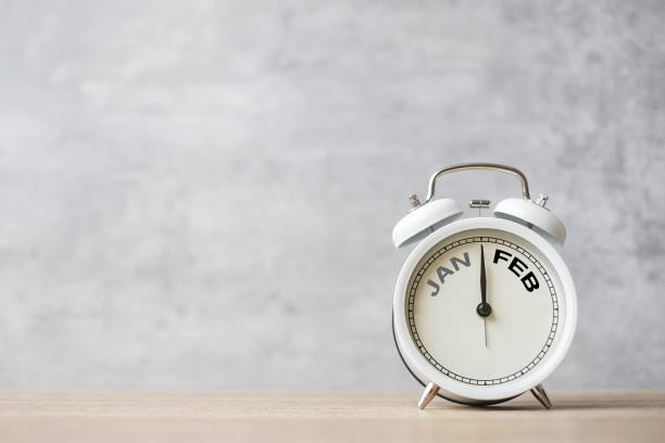 istock Hello February Changed from January  month with vintage alarm clock on table background. Calendar, Monthly, New Start, Resolution, Goals, Plan, Action and Mission Concept 1901282900