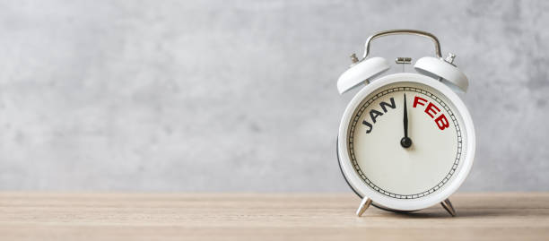 istock Hello February Changed from January  month with vintage alarm clock on table background. Calendar, Monthly, New Start, Resolution, Goals, Plan, Action and Mission Concept 1901282901