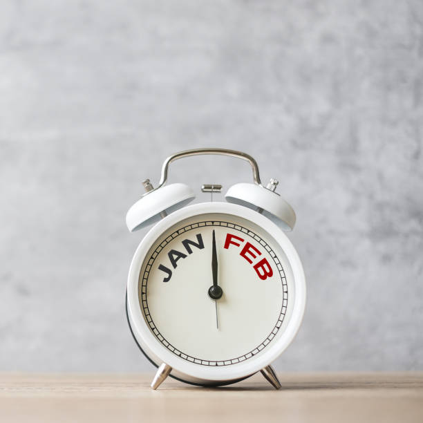istock Hello February Changed from January  month with vintage alarm clock on table background. Calendar, Monthly, New Start, Resolution, Goals, Plan, Action and Mission Concept 1901282902