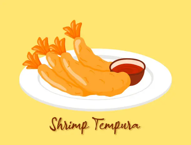 Vector illustration of Shrimp Tempura in Plate for Japanese Food Cartoon Vector Illustration