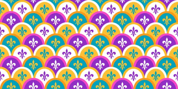 Vector illustration of Mardi Gras Seamless Pattern with Fleur de Lys Flower. Purple, White, Green and Yellow Vector Background with Carnival Festive Symbol.
