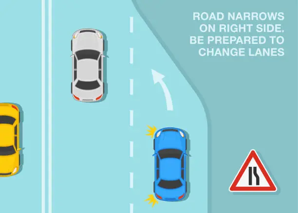 Vector illustration of Safe driving tips and traffic regulation rules. Road narrows on right side, be prepared to change lanes. Top view of traffic flow. Vector illustration template.