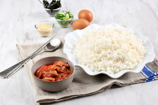 Kimchi and White Rice, Ingredient Making Kimchi Fried Rice Bokkeumbap, Korean Traditional Rice Recipe