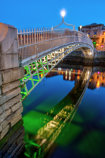 The famous Ha'penny Bridge in Dublin, Ireland, at twilight