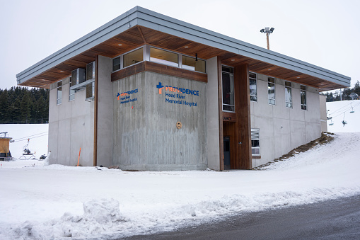 Mt Hood, OR, USA - Dec 27, 2023: Providence Hood River Memorial Hospital Mountain Clinic, a comprehensive medical and first aid clinic in the base area of Mount Hood Meadows Ski Resort in Oregon.