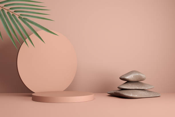 istock Chocolate brown colored round cylinder podium or platform with palm tree leaf and zen stones. 1901485337