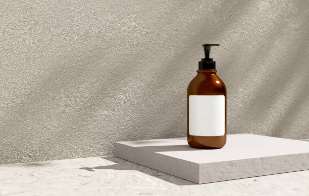 Amber colored liquid soap bottle with blank label.