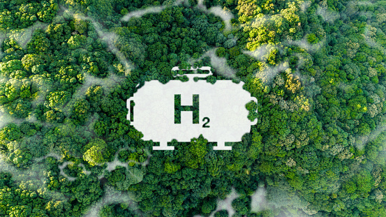 Clean hydrogen energy concept. Environment. Green industry. Metaphorical concept depicting hydrogen as an energy source in an ecosystem in the form of a pond in the middle of a pristine forest.