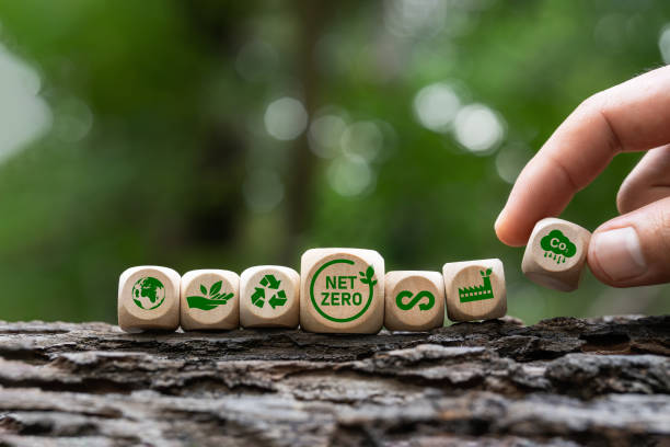 Net zero icon and carbon neutral concept, 2050 goal, long term climate neutral strategy. Wooden block with green icon Net zero greenhouse gas emissions Climate.
