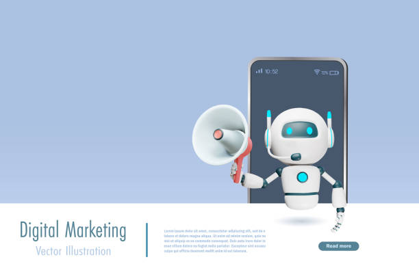 스마트폰 화면에 확성기를 들고 있는 ai 챗봇. 디지털 마케팅 및 소셜 미디어 개념의 인공 지능 로봇 기술. 3d 벡터. 만화 캐릭터입니다. - announcement message robot public speaker message stock illustrations