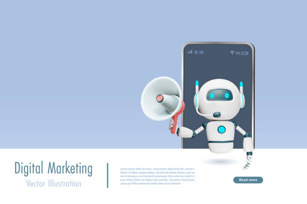 ilustrações de stock, clip art, desenhos animados e ícones de ai chat bot holding megaphone on smartphone screen. artificial intelligence robot technology in digital marketing and social media concept. 3d vector. cartoon character. - announcement message robot public speaker message