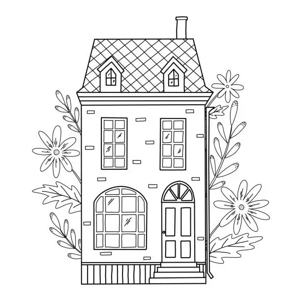 Vector illustration of Cute cottage, house, hand drawn building with flowers and leaves