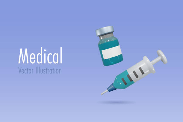 ilustraciones, imágenes clip art, dibujos animados e iconos de stock de frasco de medicamento y jeringa para inyección. concepto médico, sanitario, de vacunación y de cirugía plástica. personaje de dibujos animados en 3d. - vacunación