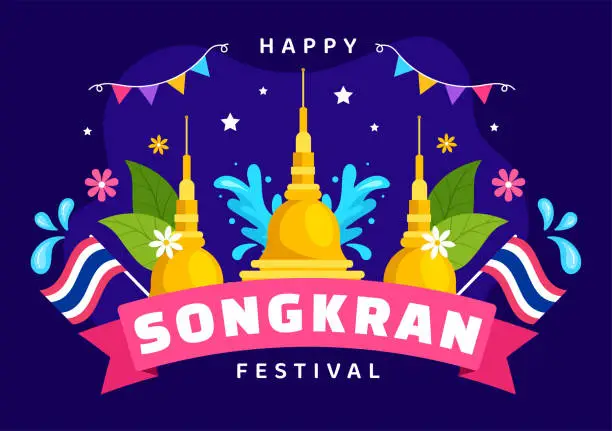 Vector illustration of Happy Songkran Festival Day Vector Illustration with Kids Playing Water Gun in Thailand Celebration in National Holiday Flat Cartoon Background